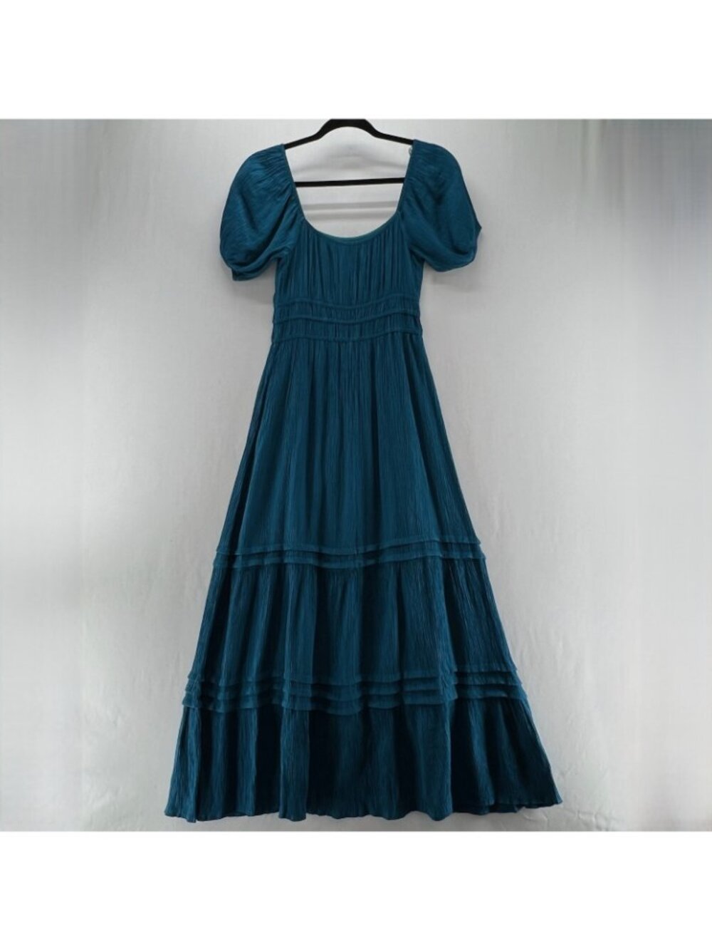 Max + Ash Crinkle Gauze Tiered Maxi Dress Womens S Smocked Puff Sleeve Teal Blue - Picture 2 of 14